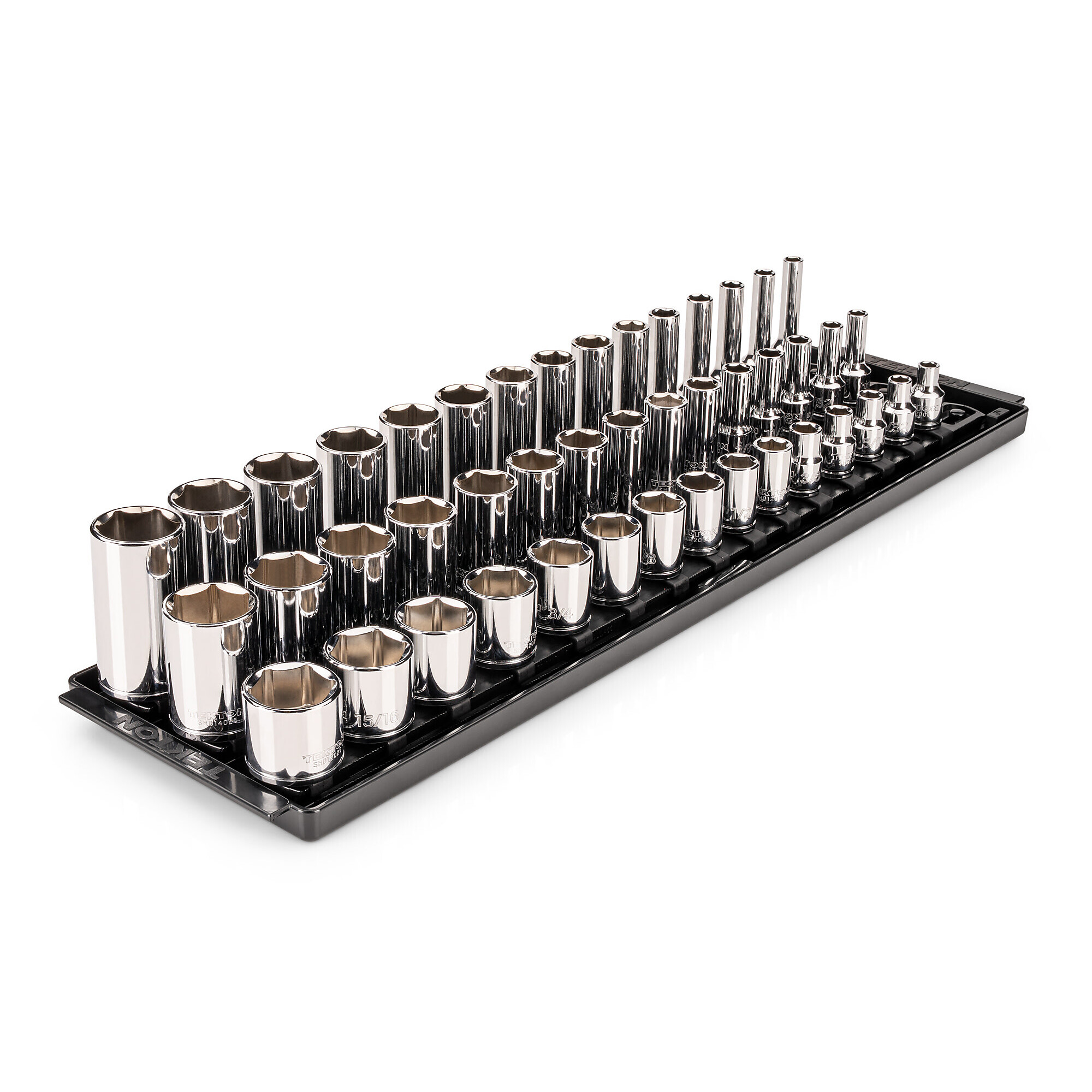 TEKTON 3/8 Inch Drive Shallow, Semi-Deep, and Deep 6-Point Socket Set with Rails and Trays, 45-Piece (1/4 - 1 in.) | SHD91125